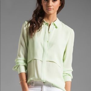 Theory 100% Silk Light Mint Lime Green Long Sleeve Button Front Collared Shirt